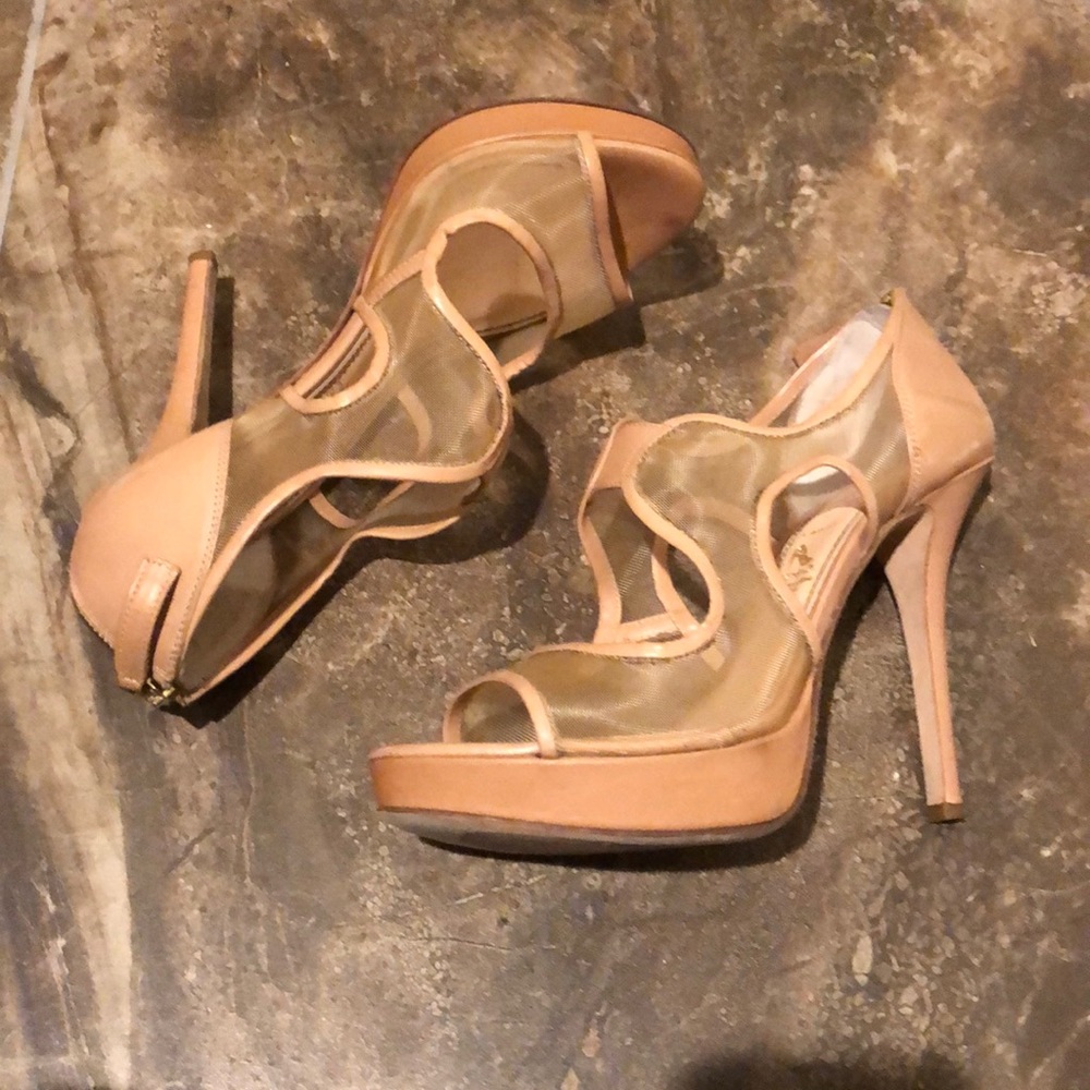 Jerome Rousseau Nude Mesh Peep Toe Heels EUC